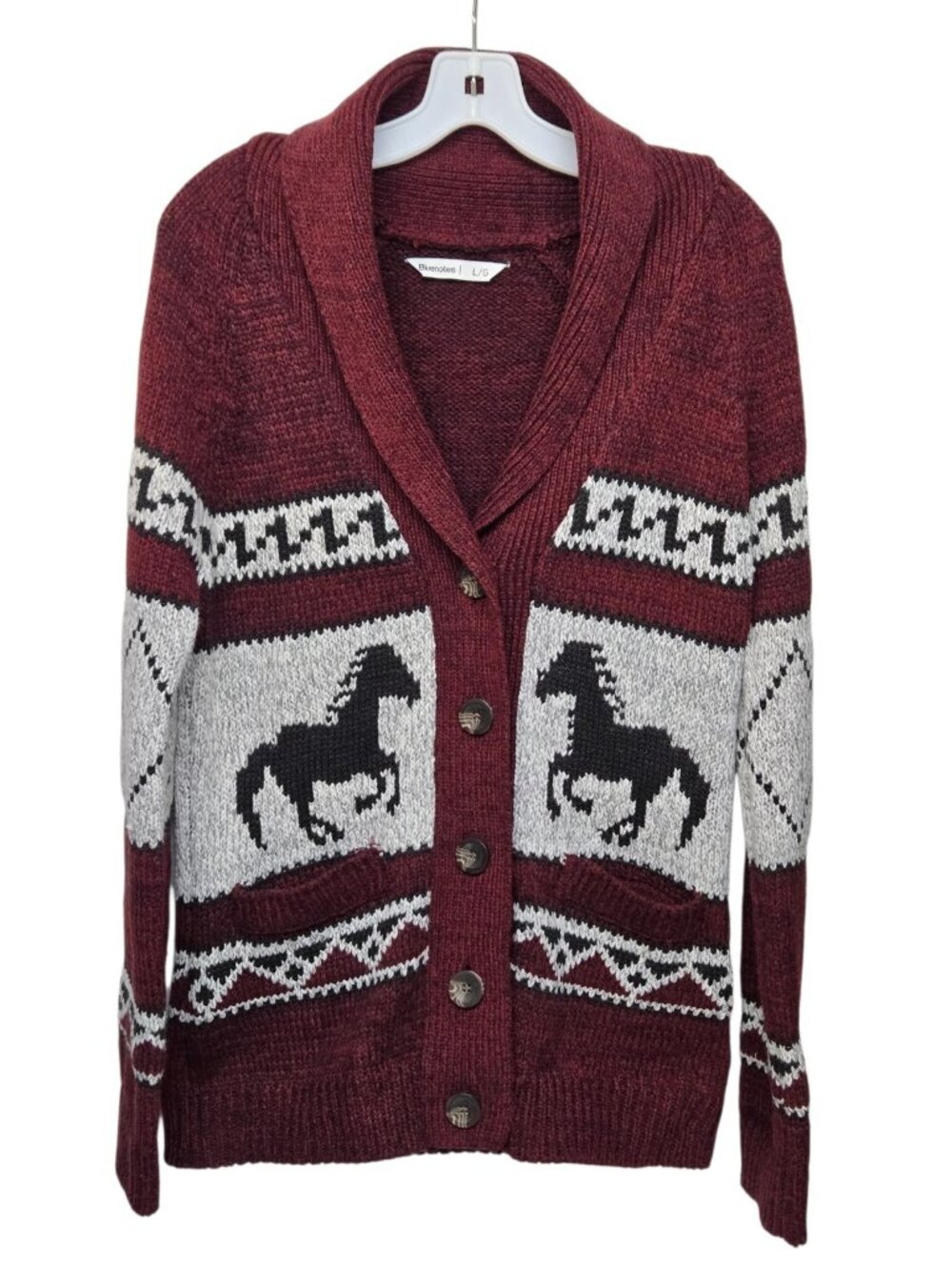 Bluenotes Horse Cardigan Chunky Knit Sweater L Cowichan Western Cabincore